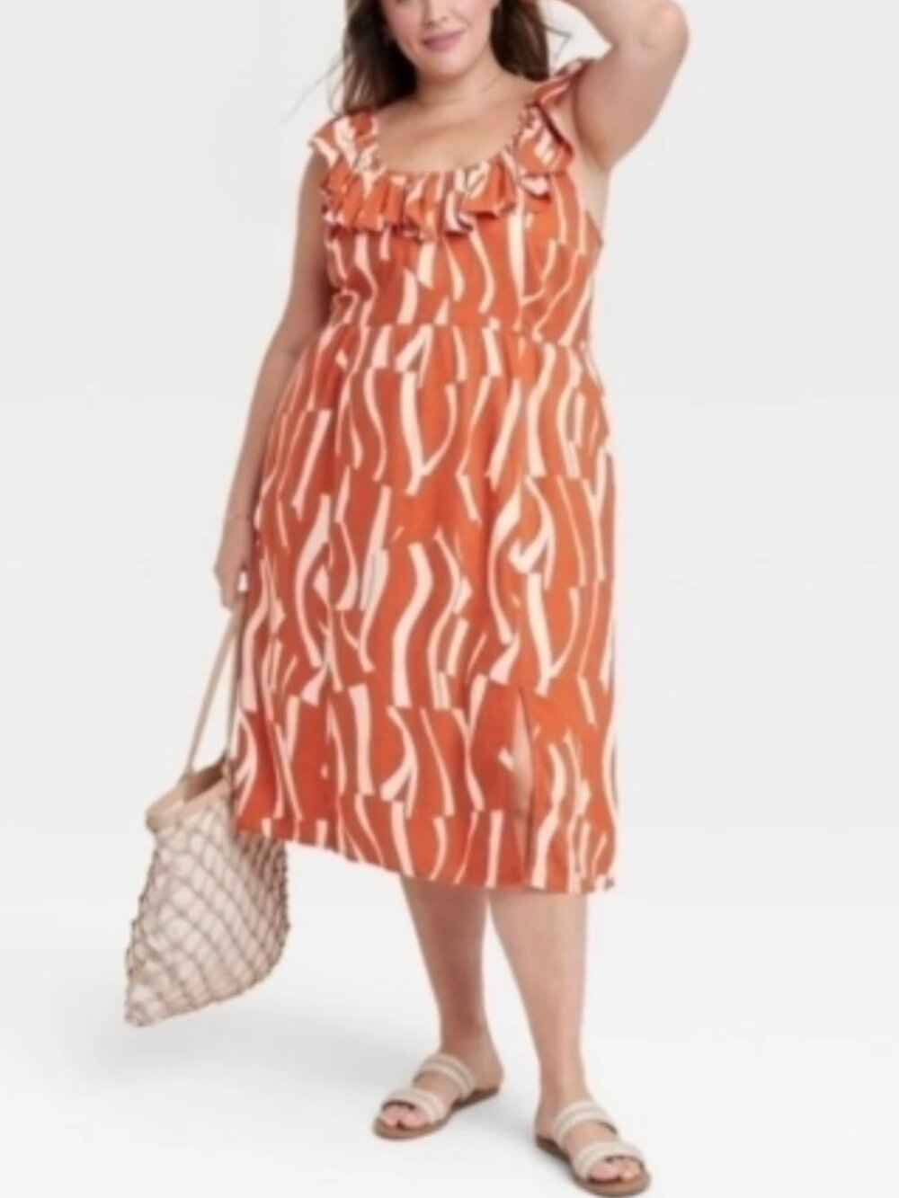 Ava & Viv Linen Blend Rust Abstract Print Midi Dress Ruffle Fall Boho